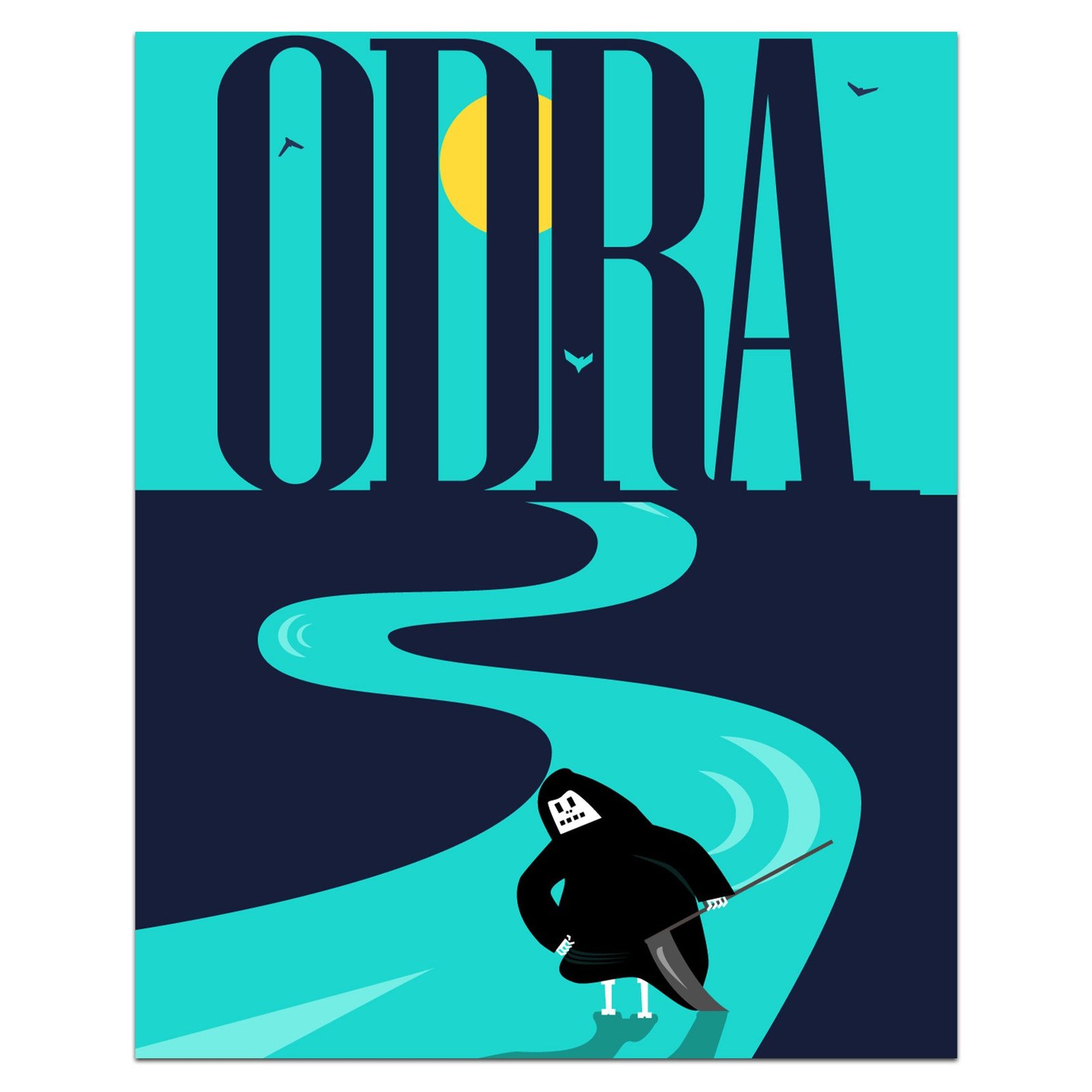 Plakat Odra, typografia i rzeka ze śmiercią z kosą