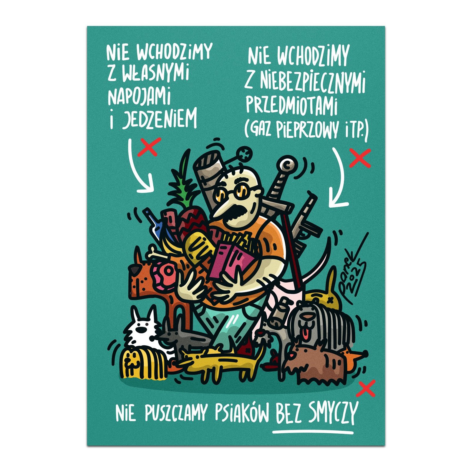 Plakat z zasadami wejścia, nie puszczamy psiaków bez smyczy