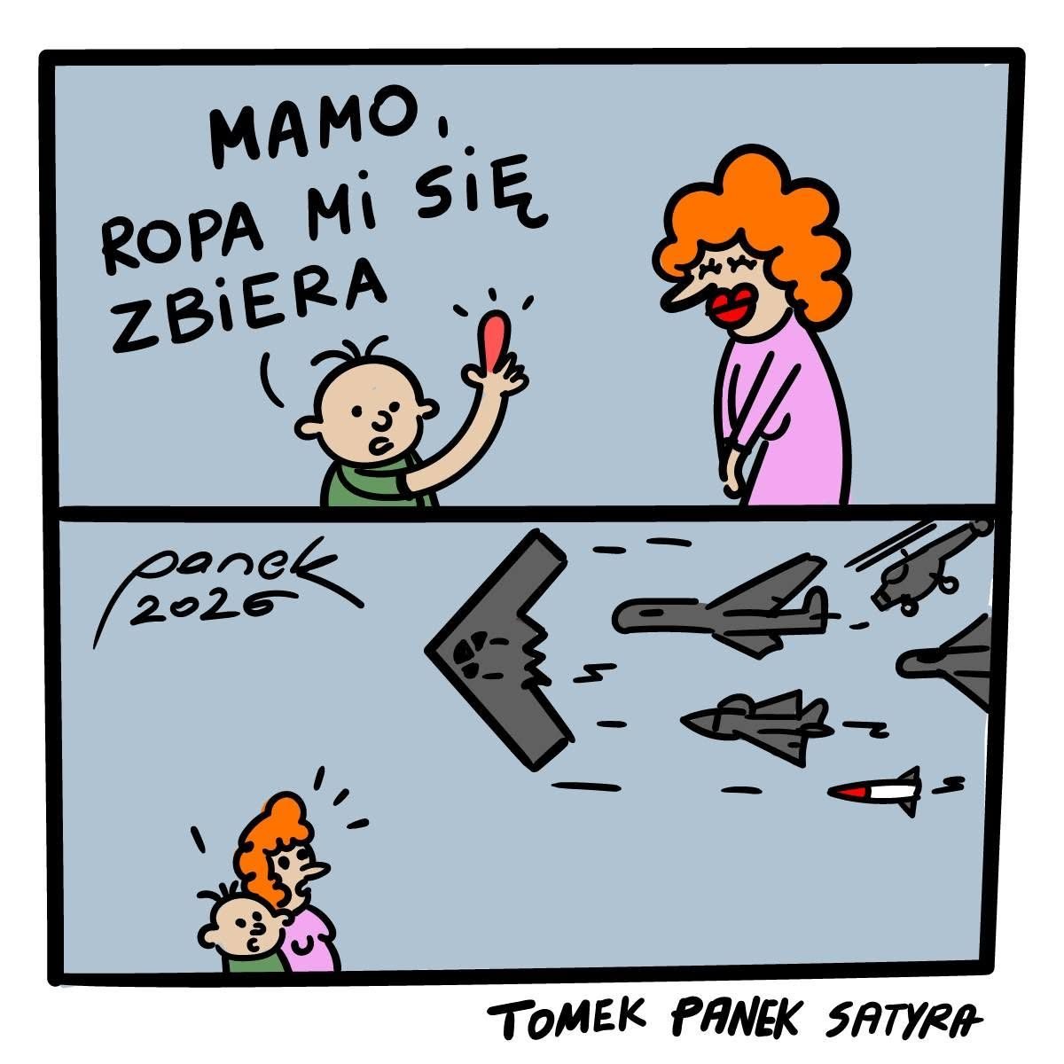Rysunek satyryczny: Mamo, ropa mi się zbiera