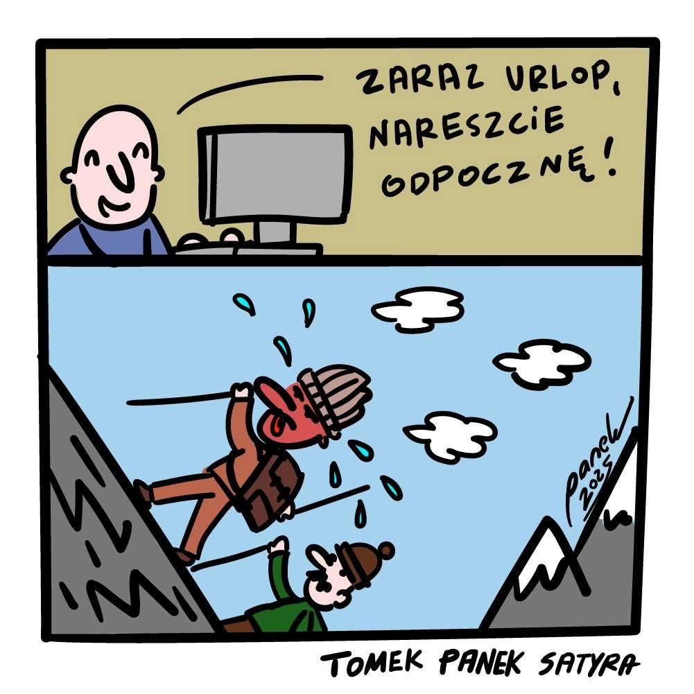 Rysunek satyryczny: Zaraz urlop, nareszcie odpocznę!