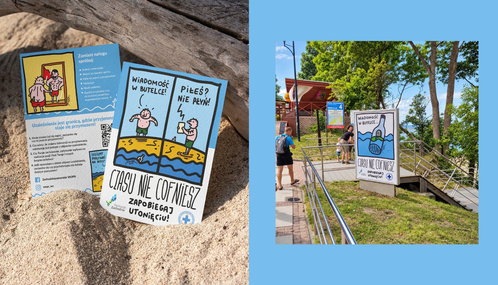 Czasu nie cofniesz, ulotki na piasku i plakat przy wejściu na plażę
